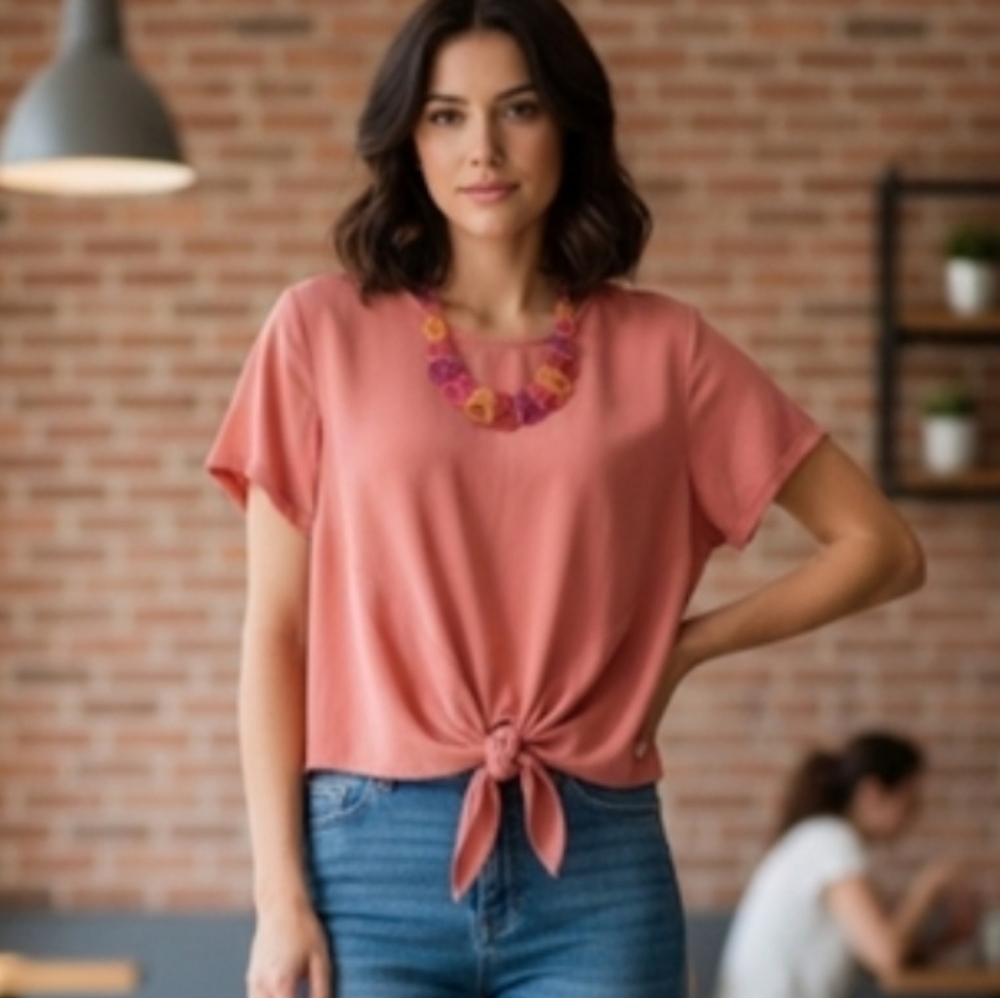 VELVET HEART Tie Front Tencel Boho Top In Coral Small NWT